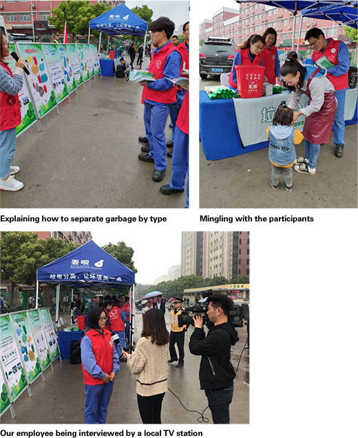 Explaining how to separate garbage by type / Mingling with the participants / Our employee being interviewed by a local TV station